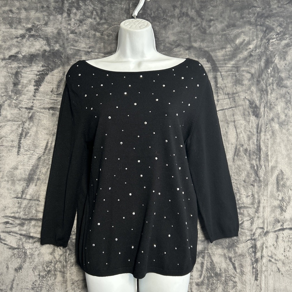Ruby Rd  Women Medium‎ Black Pullover Top Rhinestone 3/4 Sleeve Glam Party Fairy